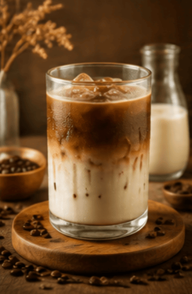 Es Kopi Susu Rimbun dengan gula aren dan susu segar.
