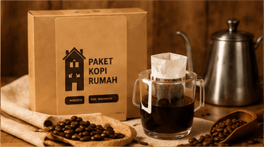 Paket Kopi Rumah berisi kopi, filter paper, dan drip bag.